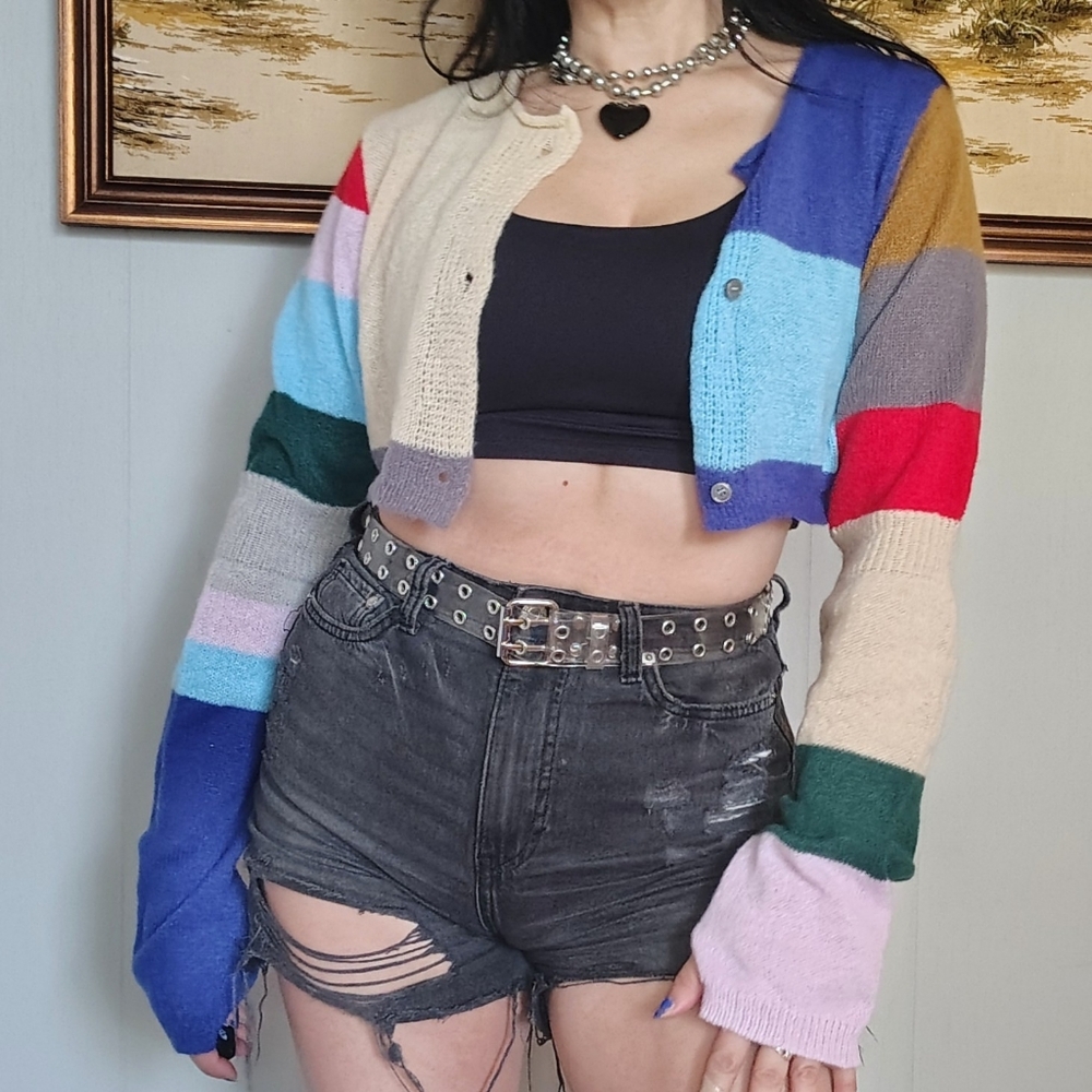 Daisy Colorblock Striped Cropped Knit Sweater New Cardigan Size Medium Large NWT